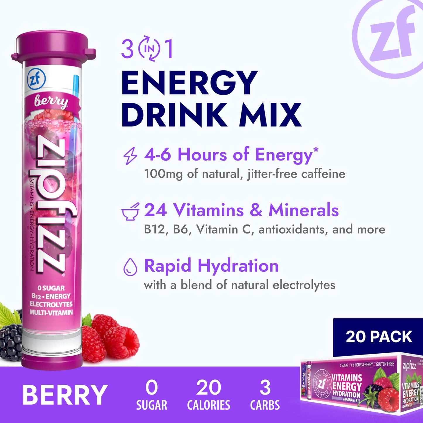 Zipfizz Energy Drink Mix, Electrolyte Hydration Powder with B12 and Multi Vitamin, Berry (12 Count)