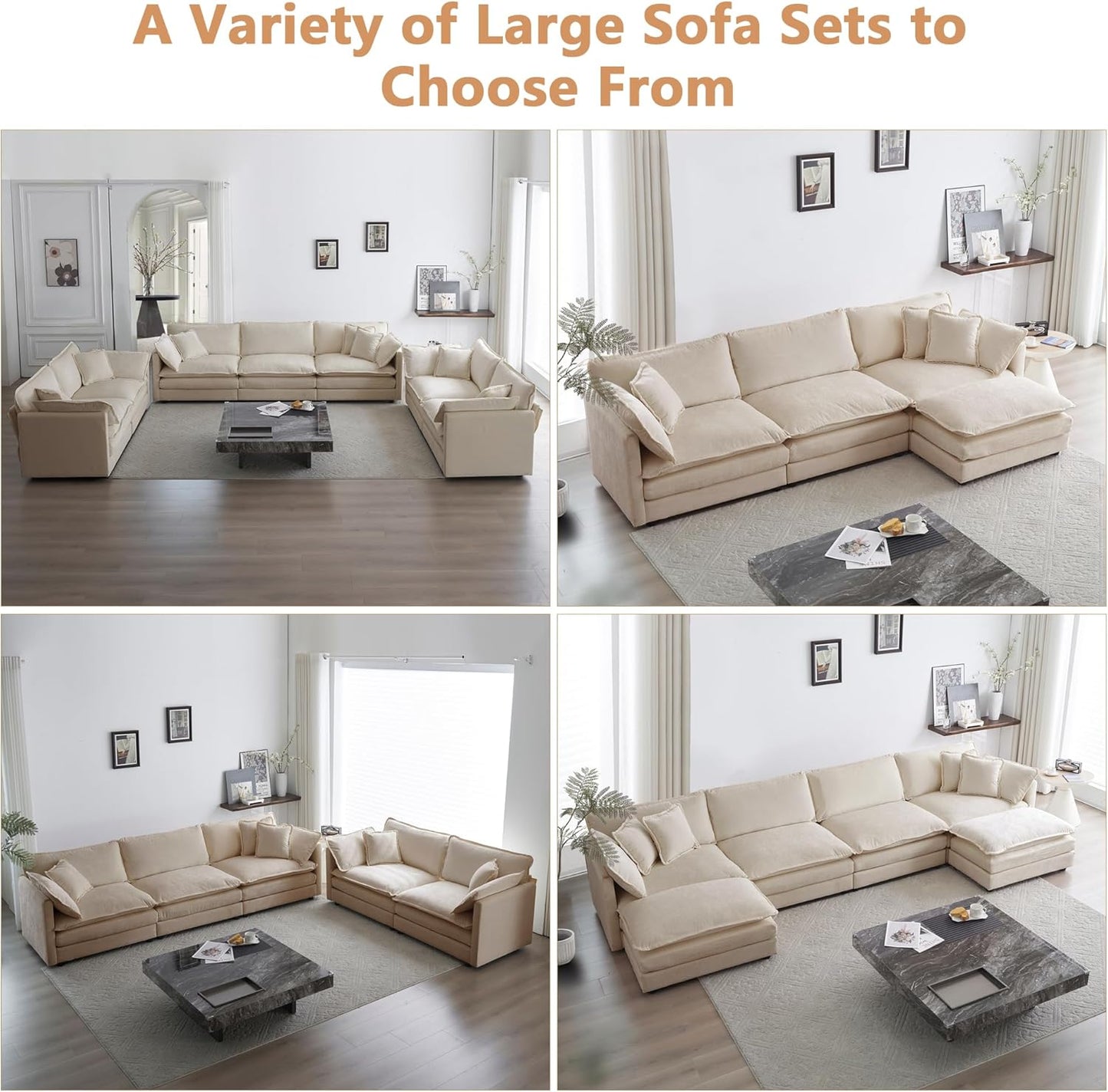 mikibama Modular Sectional Sofa, 111.5 Inch U Shaped Couch Set for Living Room, 3-Seater Comfy Cloud Couches with Movable Ottoman, DIY Combination, Chenille, Light Coffee