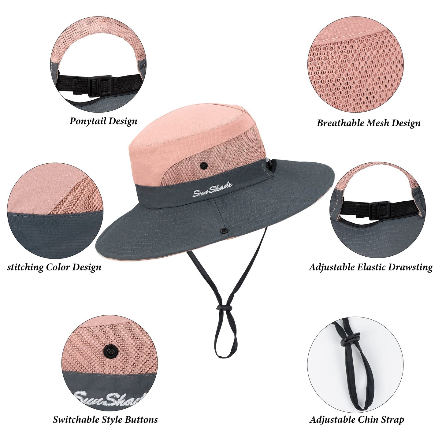 Women's Outdoor UV-Protection-Foldable Sun-Hats Mesh Wide-Brim Beach Fishing Hat with Ponytail-Hole