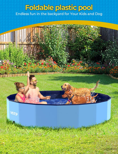 VISTOP Medium Foldable Dog Pool, Hard Plastic Shell Portable Swimming Pool for Dogs Cats and Kids Pet Puppy Bathing Tub Collapsible Kiddie Pool (37 inch.D x 7.8inch.H, Blue)