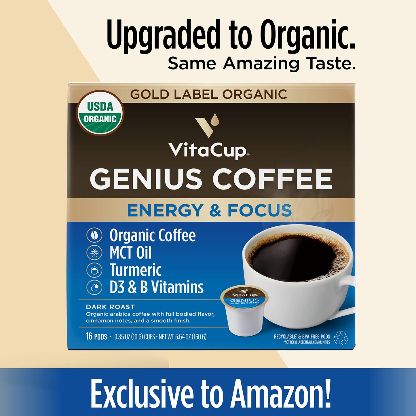 VitaCup Mushroom Coffee Pods - Boost Focus & Immunity with Lions Mane, Chaga, Vitamins, for Memory & Clarity, Recyclable K-Cup Pods, 16 Ct