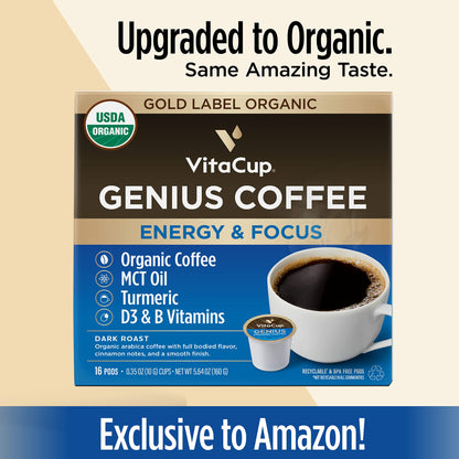 VitaCup Mushroom Coffee Pods - Boost Focus & Immunity with Lions Mane, Chaga, Vitamins, for Memory & Clarity, Recyclable K-Cup Pods, 16 Ct