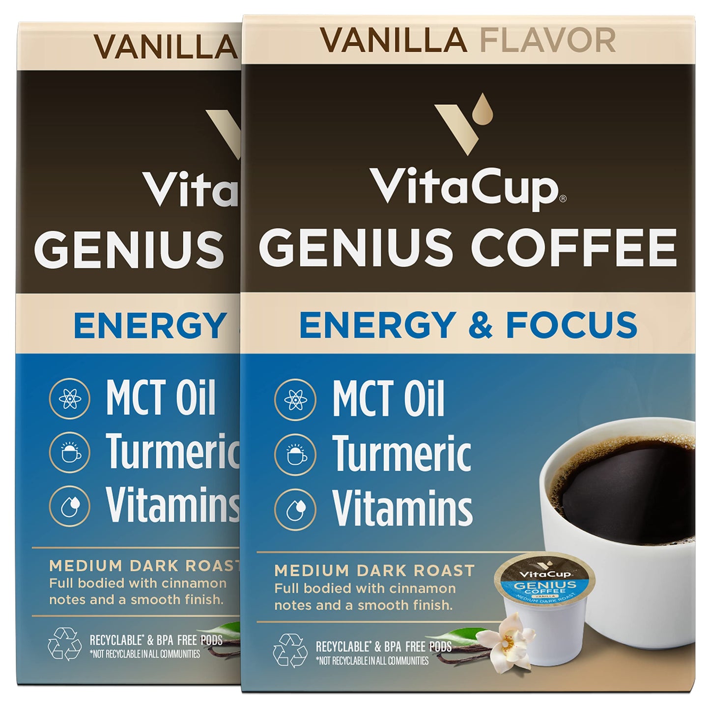 VitaCup Mushroom Coffee Pods - Boost Focus & Immunity with Lions Mane, Chaga, Vitamins, for Memory & Clarity, Recyclable K-Cup Pods, 16 Ct