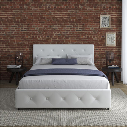 DHP Dakota Upholstered Platform Bed with Underbed Storage Drawers and Diamond Button Tufted Headboard and Footboard, No Box Spring Needed, Full, White Faux Leather