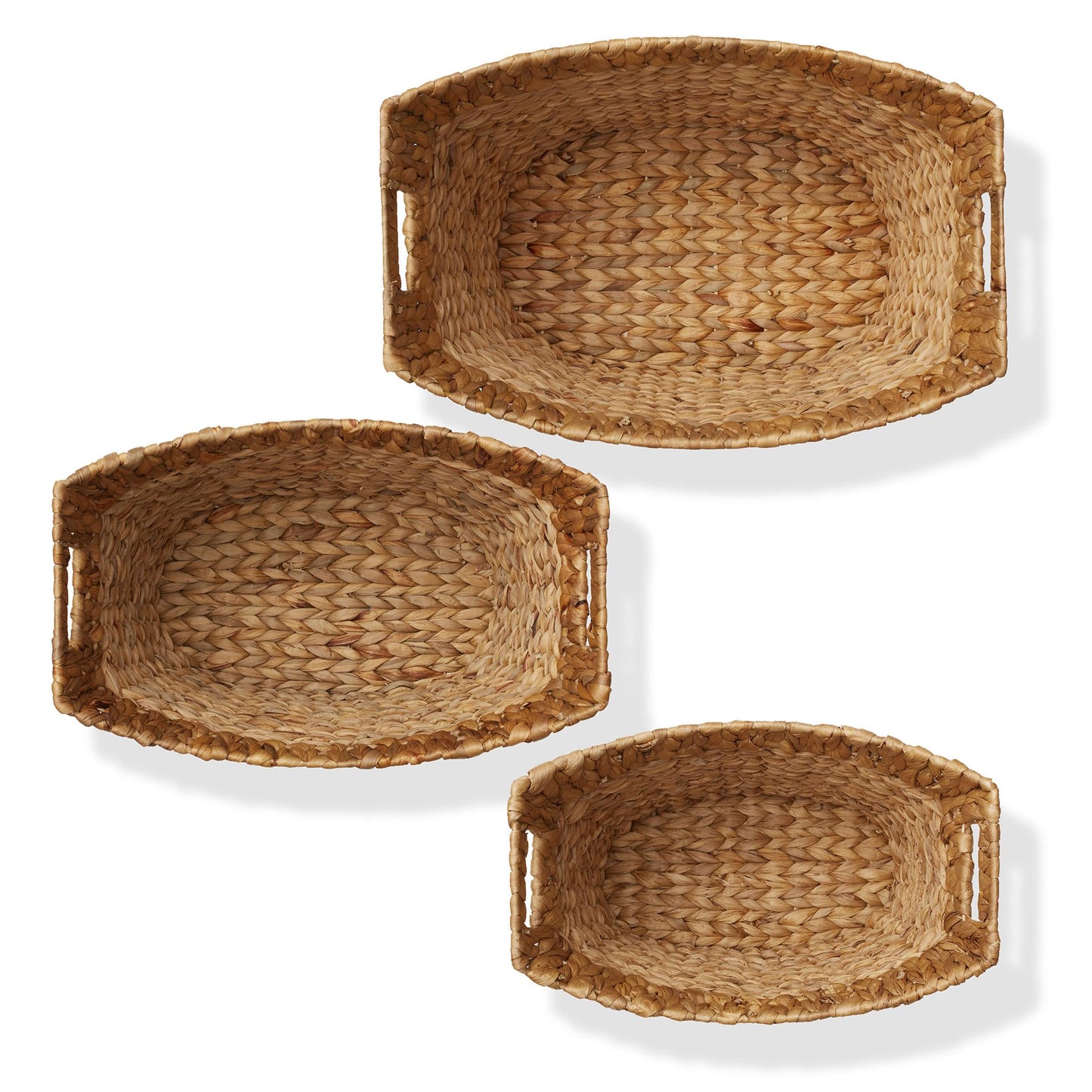 Casafield Set of 3 Multipurpose Boat Baskets with Handles - Natural, Woven Water Hyacinth Storage Organizers for Throw Blankets, Bedroom, Living Room, Laundry