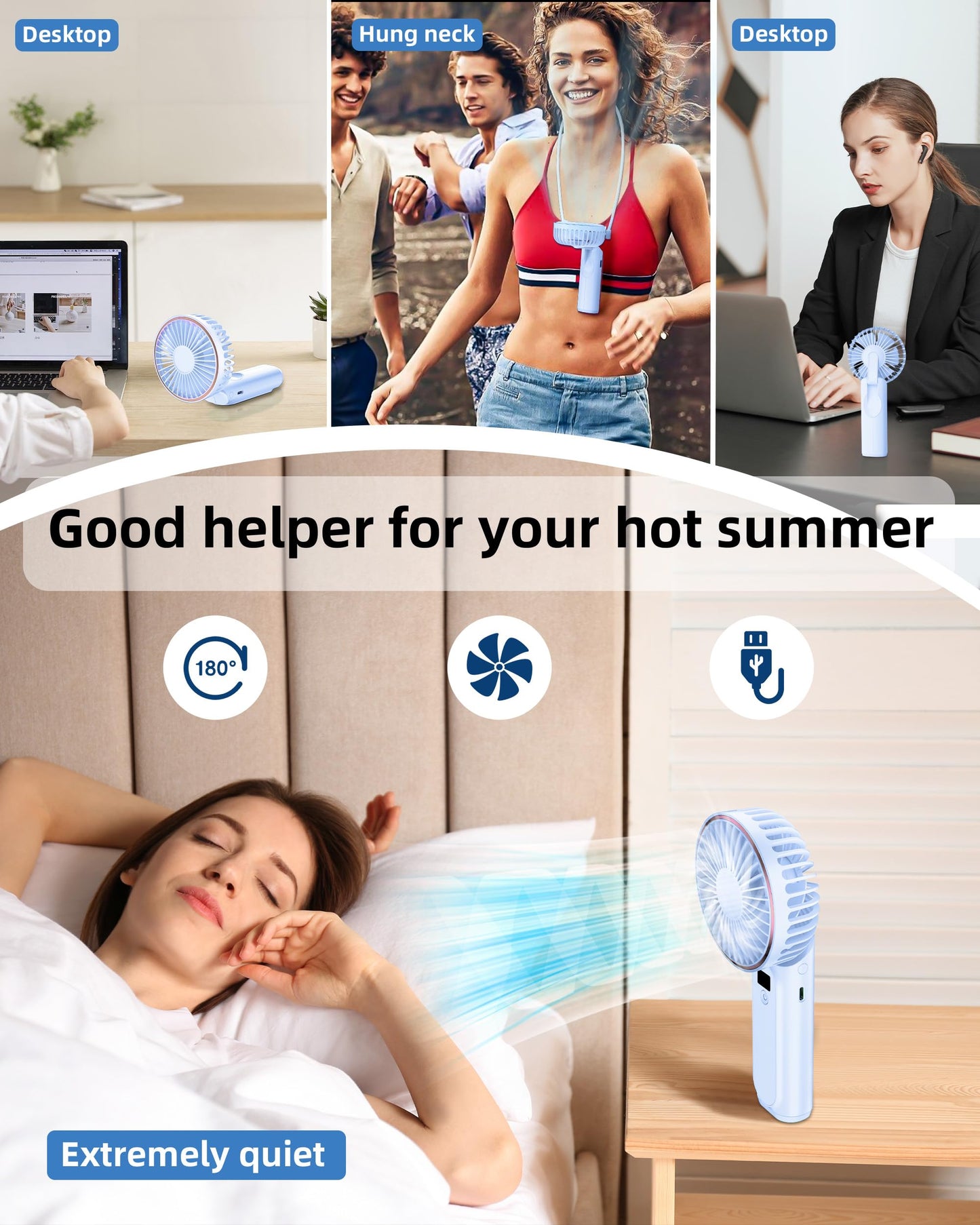 TUNISE Portable Handheld Fan, Portable Fan Rechargeable, 4000mAh, 180° Adjustable, 6 Speed Wind, Display Electricity in Real Time, USB Rechargeable Foldable Fan, Quiet Personal Fan as the Power Bank