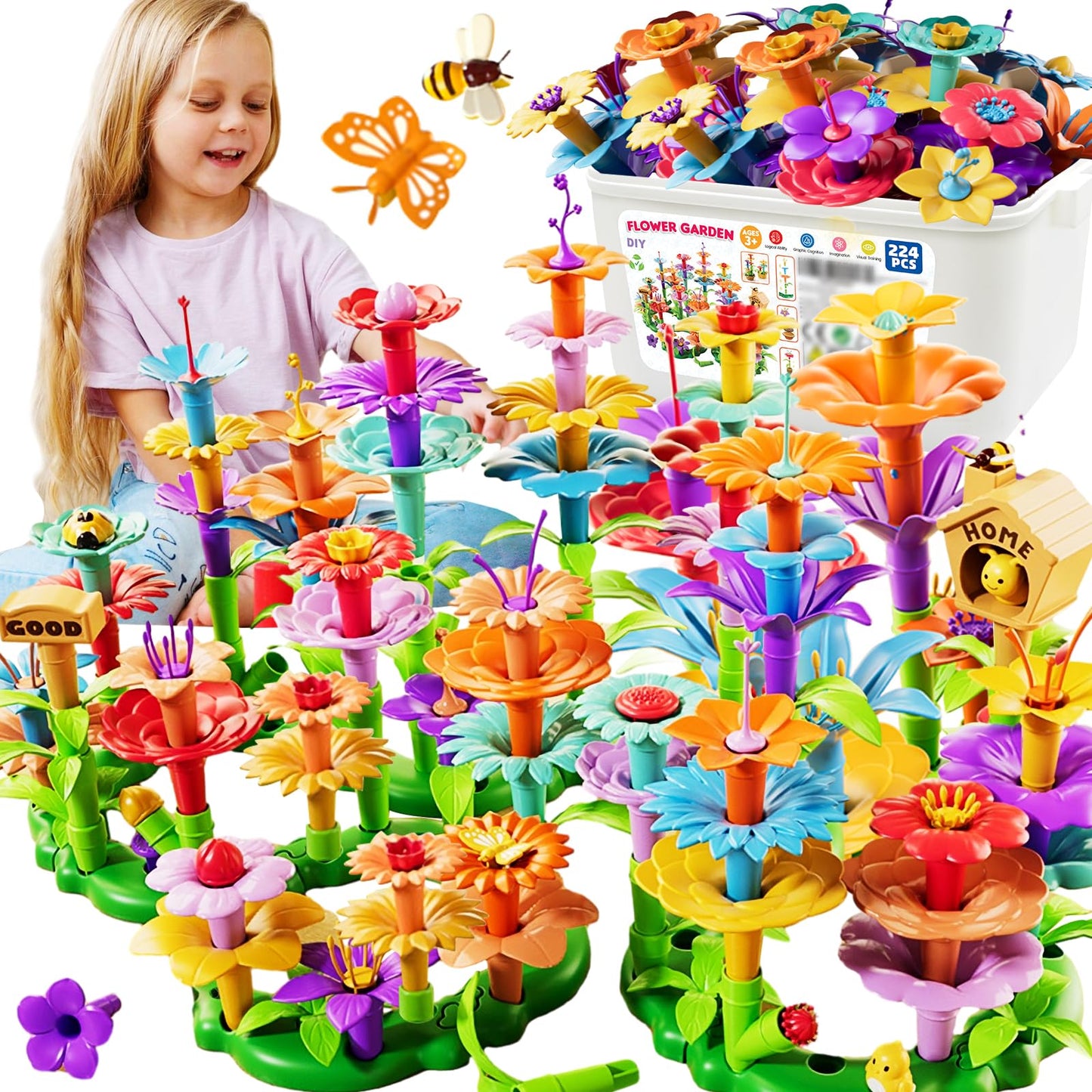 FUNZBO Flower Building Toys - Toddler Toys for 3+ Year Old, Stacking Toys for Kids Girls Boys, Birthday Gifts for Girls, STEM Educational Toys with Storage Box (138 pcs)