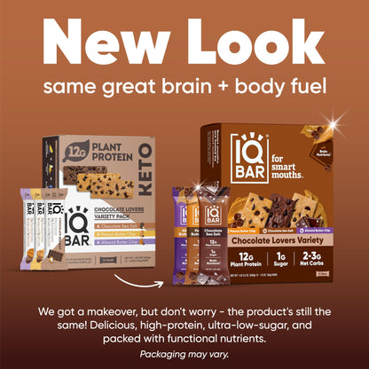 IQBAR Brain and Body Plant Protein Bars - Almond Butter Chip - 12 Count, Low Carb, High Fiber, Gluten Free, Vegan Snacks - Low Sugar Keto Energy Bars