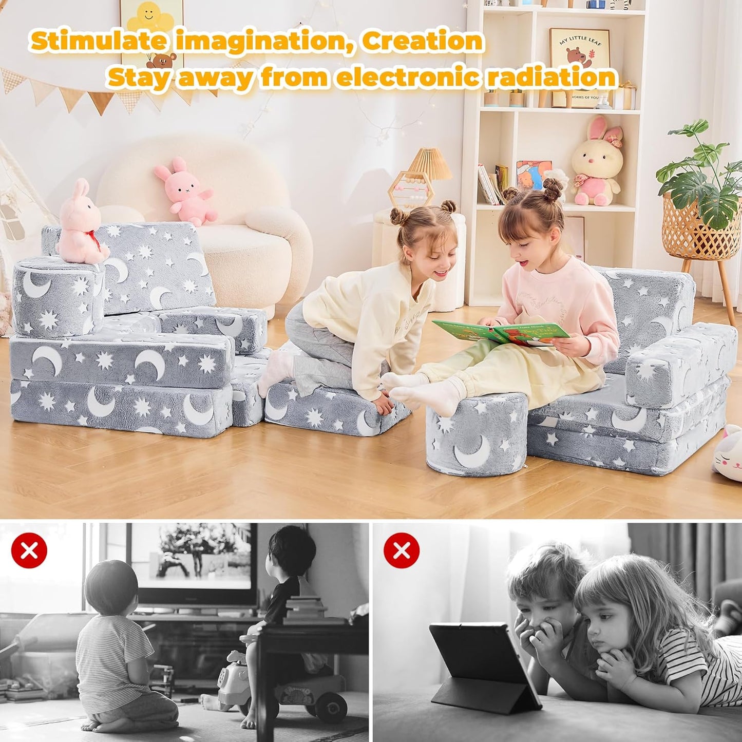 14pcs Modular Kids Play Couch, Kids Couch Toddler Couch, Child Sectional Sofa, Bedroom and Playroom Furniture for Toddlers, Blue Glow, Convertible Foam and Floor Cushion for Boys and Girls, Gray