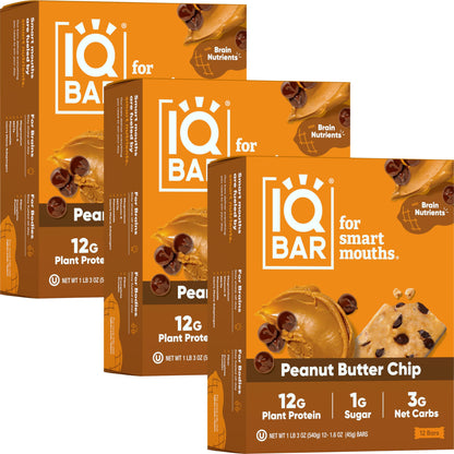 IQBAR Brain and Body Plant Protein Bars - Almond Butter Chip - 12 Count, Low Carb, High Fiber, Gluten Free, Vegan Snacks - Low Sugar Keto Energy Bars