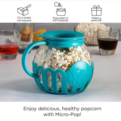 Ecolution Patented Micro-Pop Microwave Popcorn Popper with Temperature Safe Glass, 3-in-1 Lid Measures Kernels and Melts Butter, Made Without BPA, Dishwasher Safe, 3-Quart, Aqua