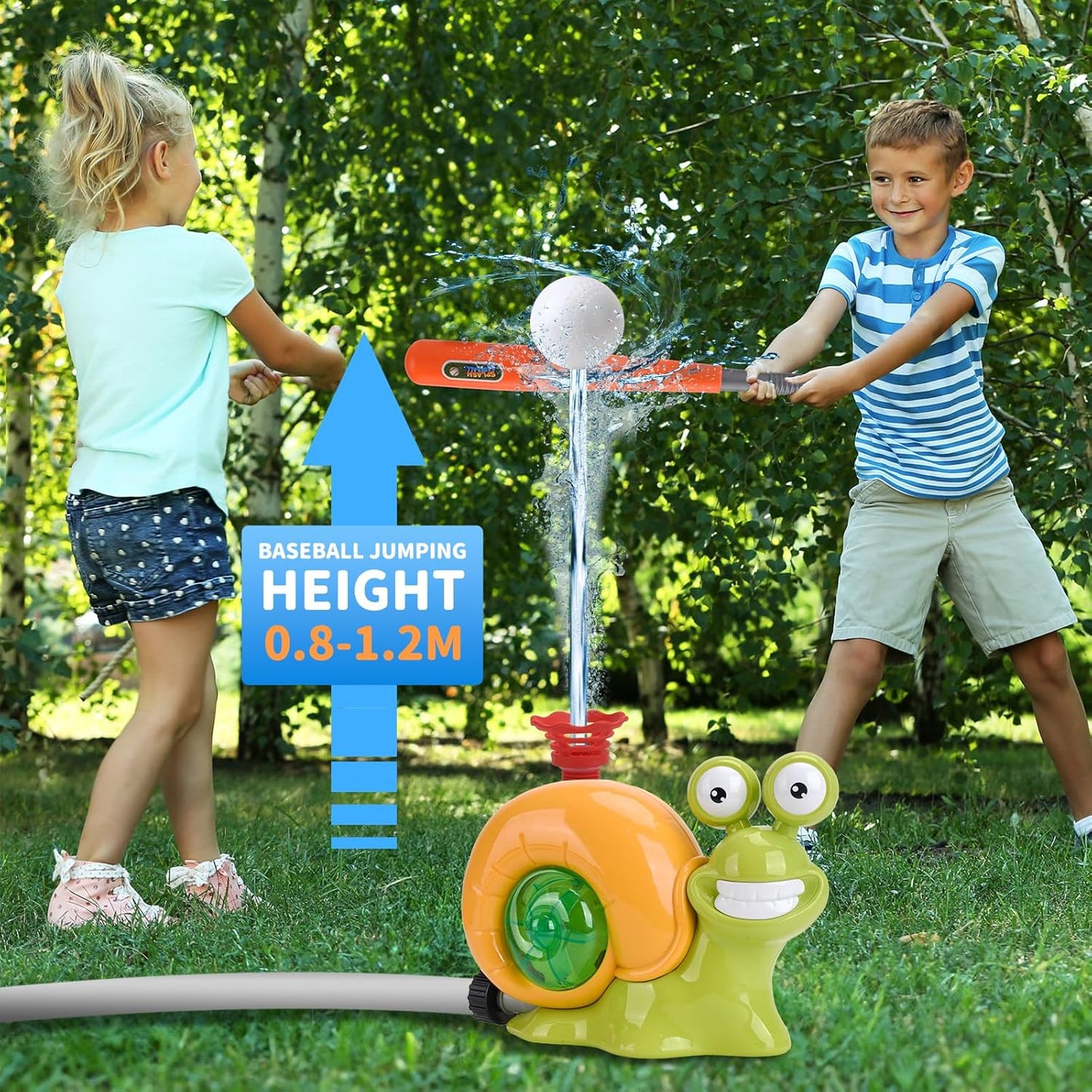 2 in 1 Outdoor Water Sprinkler Baseball Toy for Kids and Toddler, Backyard 360° Roating Snail Sprinkler Toy Tee Ball Games,Summer Splashing Fun Toys for 3 4 5 6 7 8 Year Old Boys Girls Gift