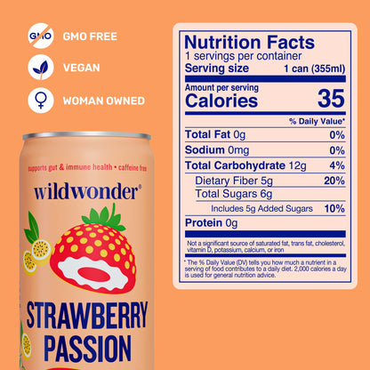 wildwonder Sparkling Probiotic Juice Drink w/Gut Health Immunity, Digestion Support, 5g Fiber, Live Probiotics, Caffeine Free, Organic, Low Sugar, 12pk 12oz, Strawberry Passion, As Seen on Shark Tank