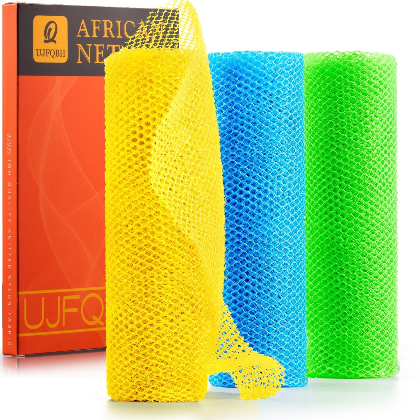 3 Pieces African Bath Sponge African Net Long Net Bath Sponge Exfoliating Shower Body Scrubber Back Scrubber Skin Smoother,Great for Daily Use (Black、Blue、Brown)