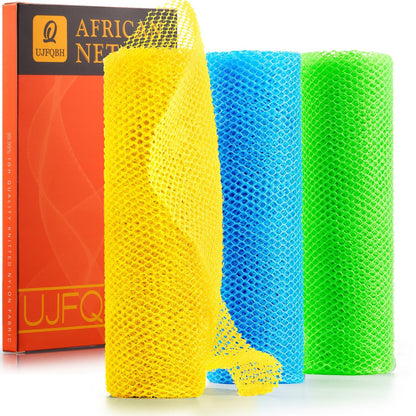 3 Pieces African Bath Sponge African Net Long Net Bath Sponge Exfoliating Shower Body Scrubber Back Scrubber Skin Smoother,Great for Daily Use (Black、Blue、Brown)