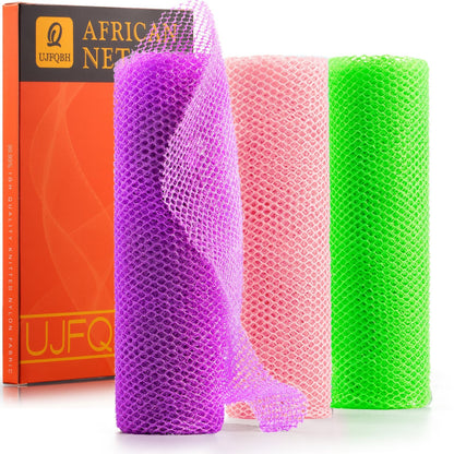 3 Pieces African Bath Sponge African Net Long Net Bath Sponge Exfoliating Shower Body Scrubber Back Scrubber Skin Smoother,Great for Daily Use (Black、Blue、Brown)