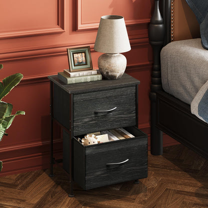 WLIVE Black Nightstand, Small Dresser for Bedroom with 2 Fabric Drawer, Bed Side Table with Drawers, End Table Bedside Furniture, Sturdy Steel Frame, Wood Top, Closet Organizer, College Dorm