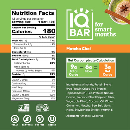 IQBAR Brain and Body Plant Protein Bars - Almond Butter Chip - 12 Count, Low Carb, High Fiber, Gluten Free, Vegan Snacks - Low Sugar Keto Energy Bars