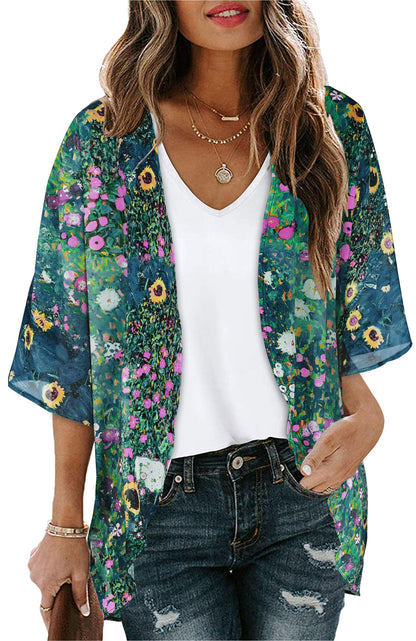 Women's Floral Print Puff Sleeve Kimono Cardigan Loose Cover Up Casual Blouse Tops