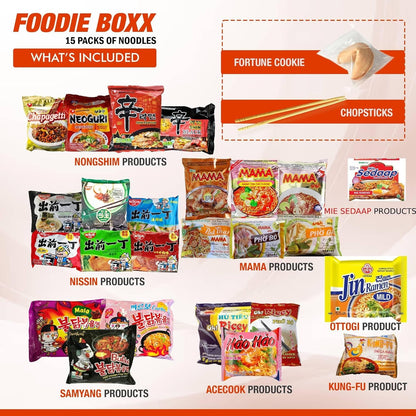 FOODIE BOXX Asian Instant Ramen Noodles Variety Pack with Cookies & Chopsticks (Dry)