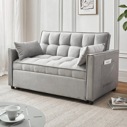 Convertible Sleeper Sofa Bed, Modern Velvet 3-in-1 Futon Couch Pullout Bed with Adjustable Backrest, Storage Pockets and Toss Pillows for Living Room, Bedroom (Grey)