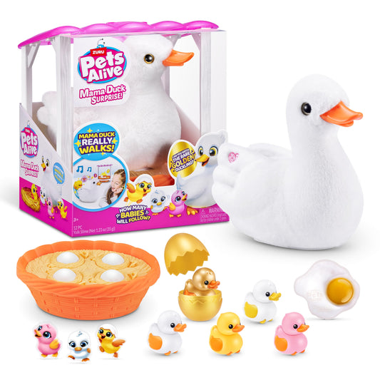 Pets Alive Mama Duck Surprise by ZURU, 4 Surprise Eggs, Baby Ducklings, 10+ Sounds, Walking Toy, Interactive Girls Toy, Ages 3+