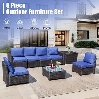 8 Pieces Outdoor Wicker Patio Furniture Set, PE Rattan Sectional Sofa with Oversized Cushions, Hidden Storage, and Glass Table for Backyard or Poolside