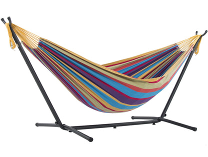 Vivere Double Hammock with Space Saving Steel Stand, Natural (450 lb Capacity - Premium Carry Bag Included)