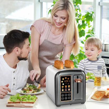 SEEDEEM Toaster 2 Slice, Stainless Toaster LCD Display&Touch Buttons, 50% Faster Heating Speed, 6 Bread Selection, 7 Shade Setting, 1.5''Wide Slot, Removable Crumb Tray, 1350W, Dark Metallic