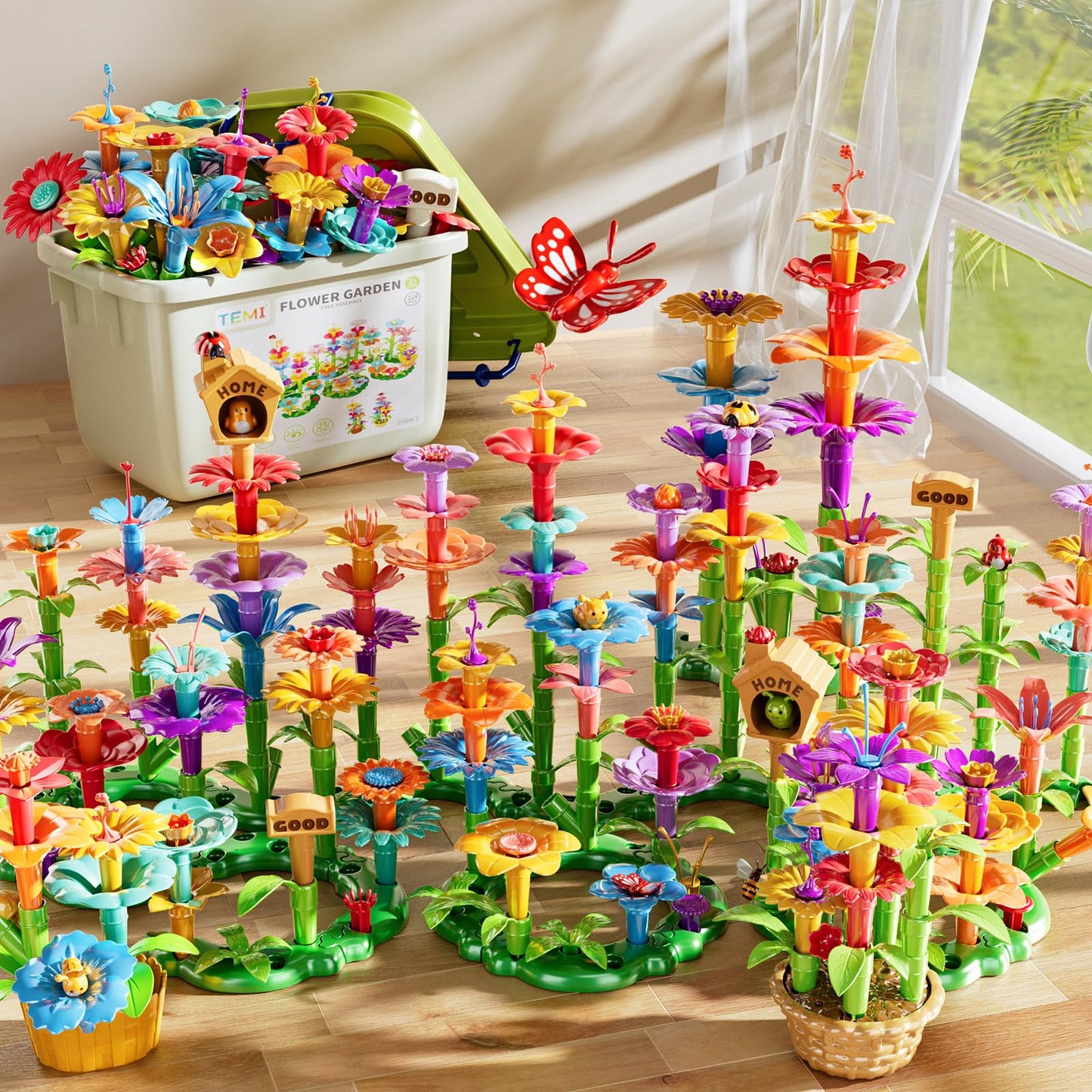 TEMI 138 PCS Educational STEM Toy and Preschool Garden Play Set for Kids Age 3-7, Flower Stacking Toys for Boys and Girls