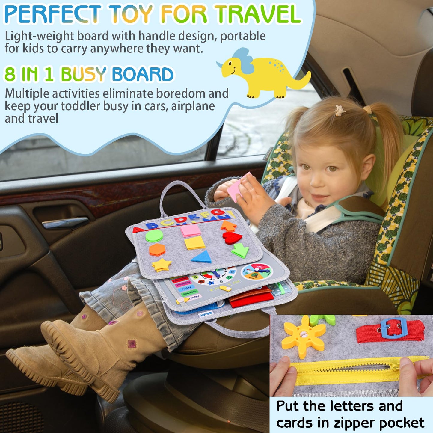 Esjay Toddler Busy Board Montessori Toys for 1 2 3 4 Year Old, Sensory Board Educational Activities for Learning Fine Motor Skills, Gifts for Girls Boys, Travel Toys for Airplane Car