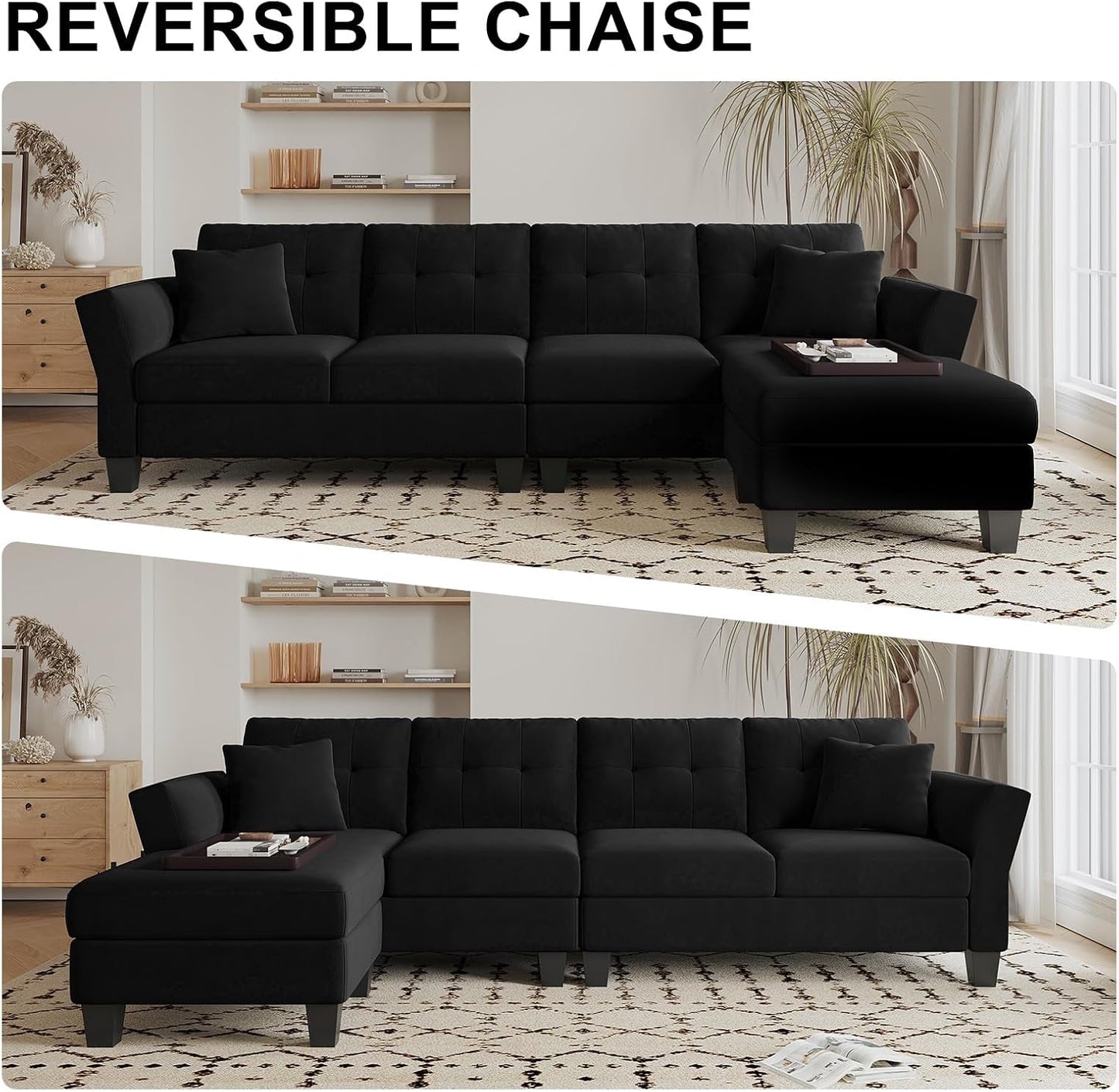 Belffin Convertible Sectional Couch Velvet L Shaped Sofa 4 Seat Sofa with Chaise L-Shaped Couches Reversible Sectional Sofa (Black, L Shaped Couch)