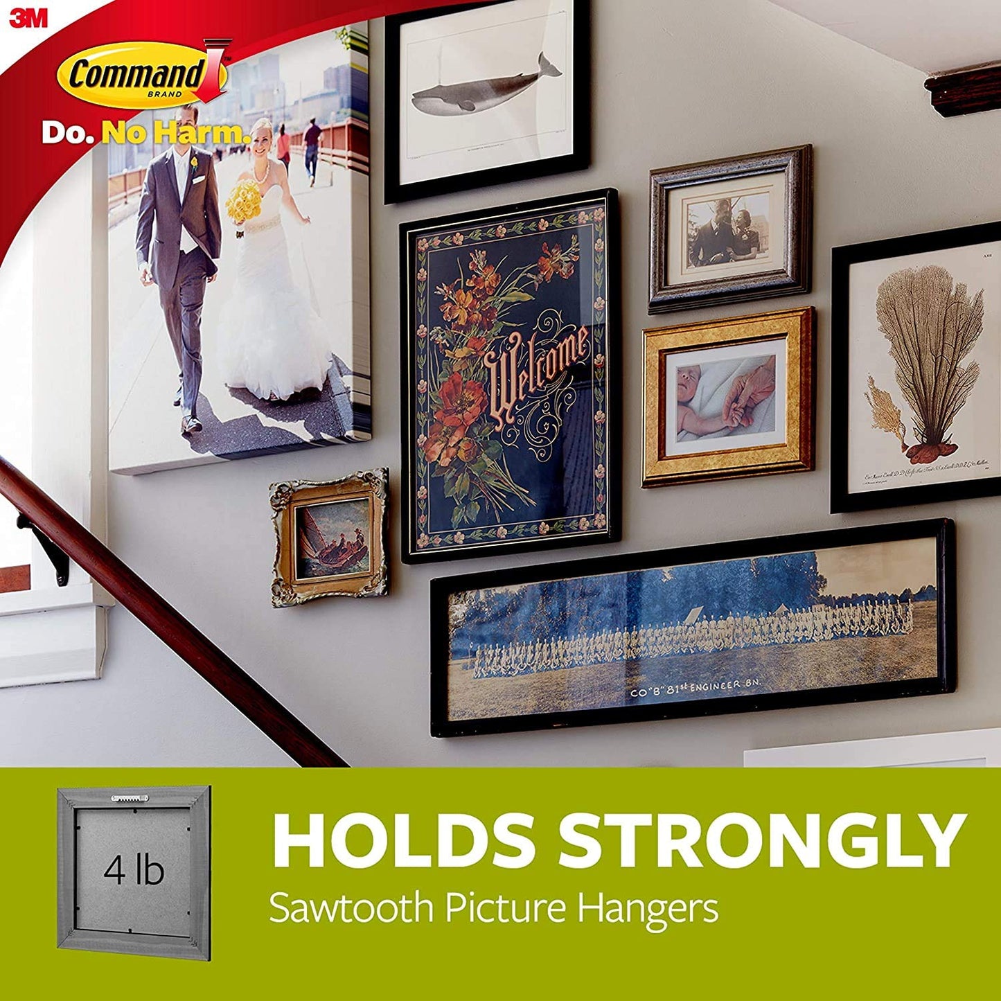 Command Sawtooth Picture Hangers, Damage Free Hanging Frame Hangers, No Tools Wall Hooks for Hanging Sawtooth Frames in Living Spaces, 4 White Picture Frame Hangers and 8 Command Strips