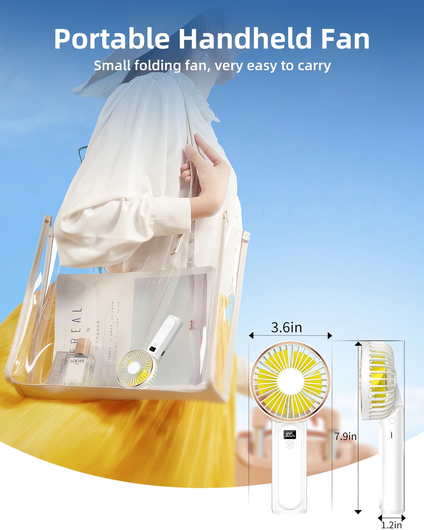 TUNISE Portable Handheld Fan, Portable Fan Rechargeable, 4000mAh, 180° Adjustable, 6 Speed Wind, Display Electricity in Real Time, USB Rechargeable Foldable Fan, Quiet Personal Fan as the Power Bank