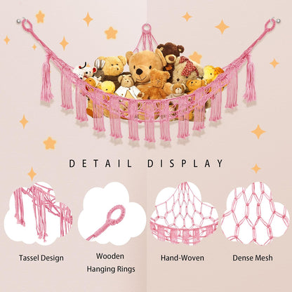 Stuffed Animal Hammock with LED Light, Toy Hammock for Stuffed Animals Storage for Kids Room Decor, Stuffed Animal Hammock Corner, Pink