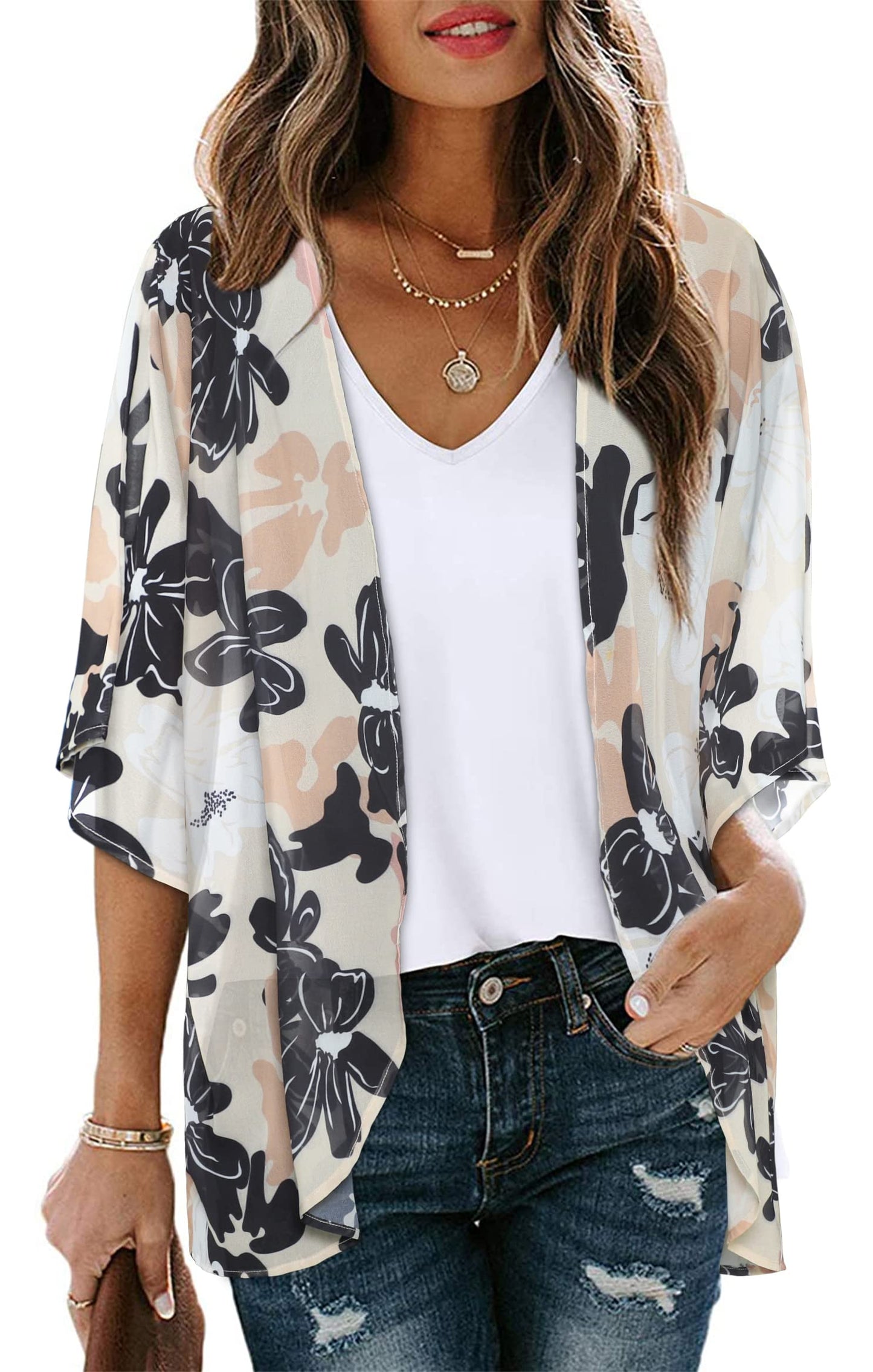 Women's Floral Print Puff Sleeve Kimono Cardigan Loose Cover Up Casual Blouse Tops