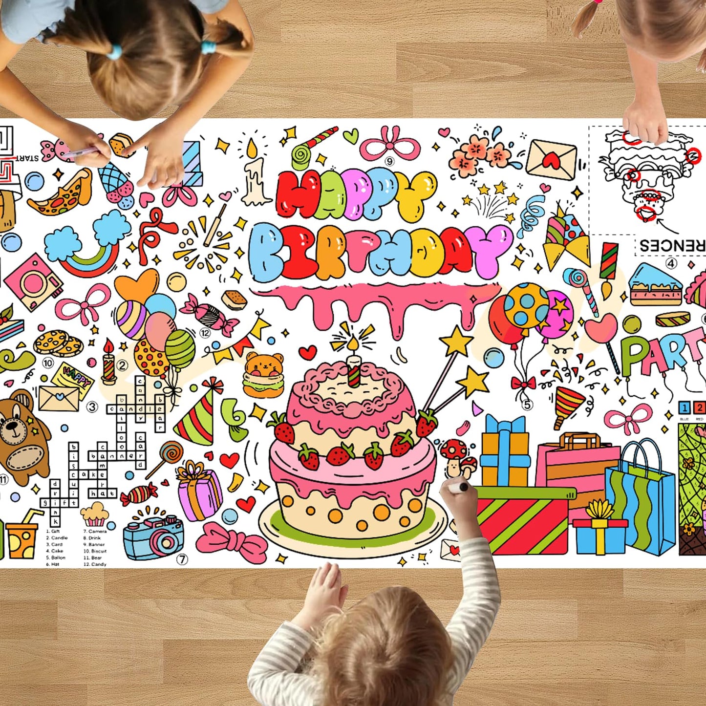 PADTIC Giant Coloring Poster,30x72Inch Happy Birthday Drawing Paper Coloring Tablecloth,DIY Birthday Activity Poster Table Cover,Kids Art Crafts Coloring Mat,Home Classroom Birthday Party Suppiles