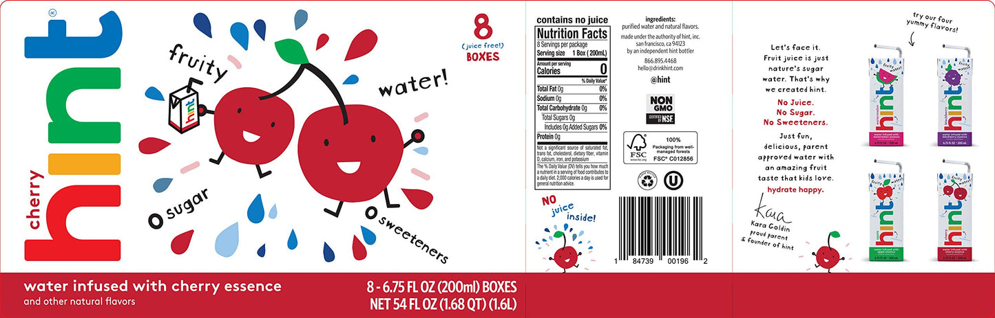 Hint Kids Water Variety, 8 Boxes, Each of: Cherry, Watermelon, Apple, & Blackberry, Zero Sugar, Zero Sweeteners, Zero Preservatives, Zero Artificial Flavors, 6.75 Fl Oz (Pack of 32)