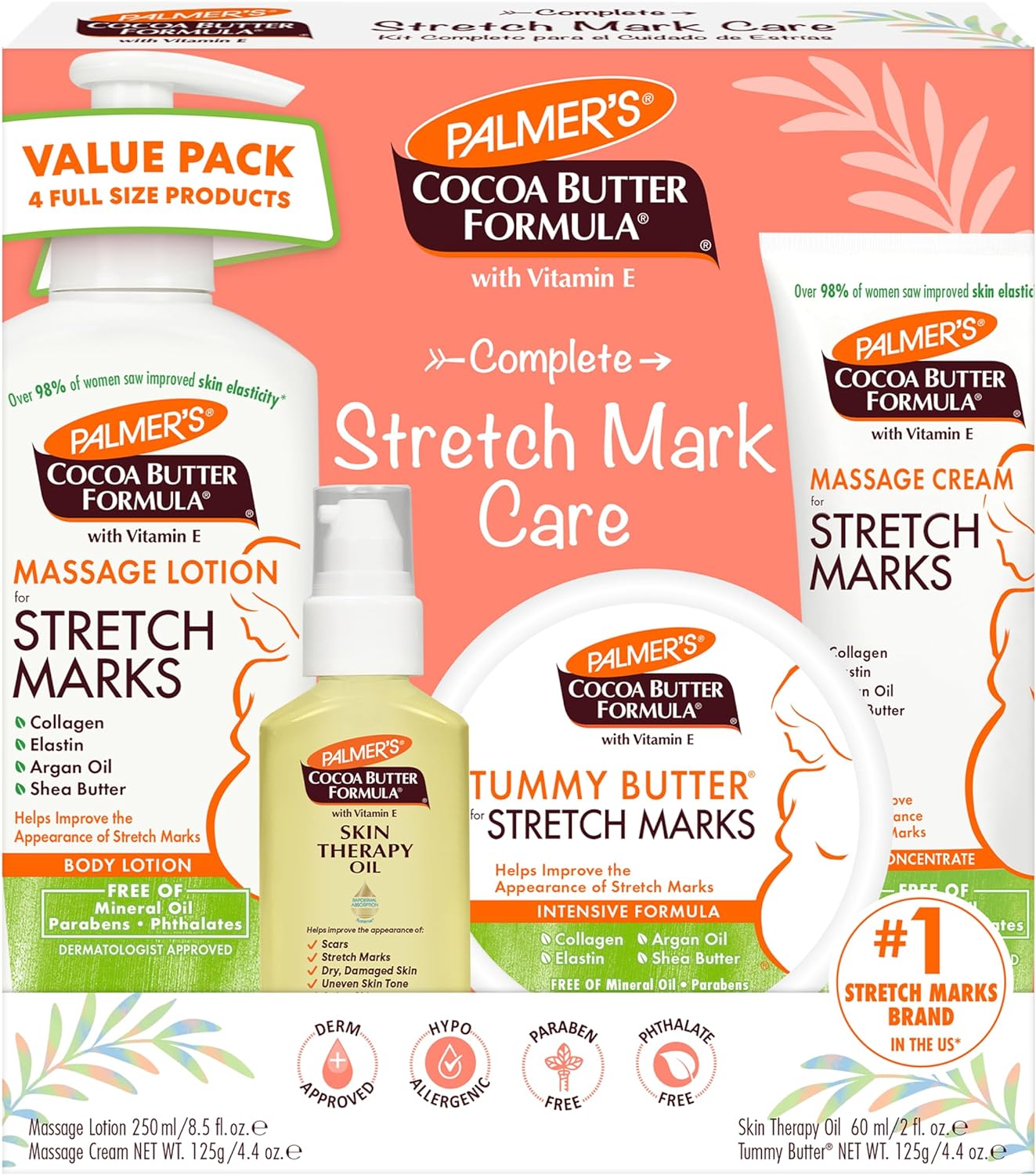 Palmer's Cocoa Butter Formula Pregnancy Skin Care Kit for Stretch Marks and Scars, Dermatologist Approved, Gift for Mom to Be, 4 Piece Full Size Set