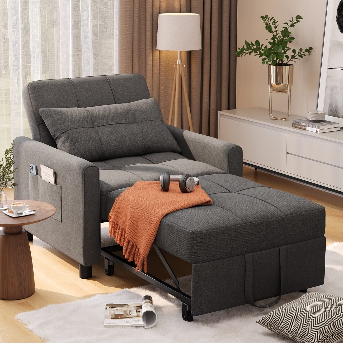 Convertible Futon Sofa Bed, 3-in-1 Multi-Functional Sleeper Chair Bed, Adjustable Backrest Recliner with Modern Linen Fabric for Living Room Bedroom Apartment Small Space, Dark Grey