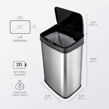 NINESTARS DZT-50-28 Automatic Touchless Motion Sensor Rectangular Trash Can, 13 Gal, Black Trim