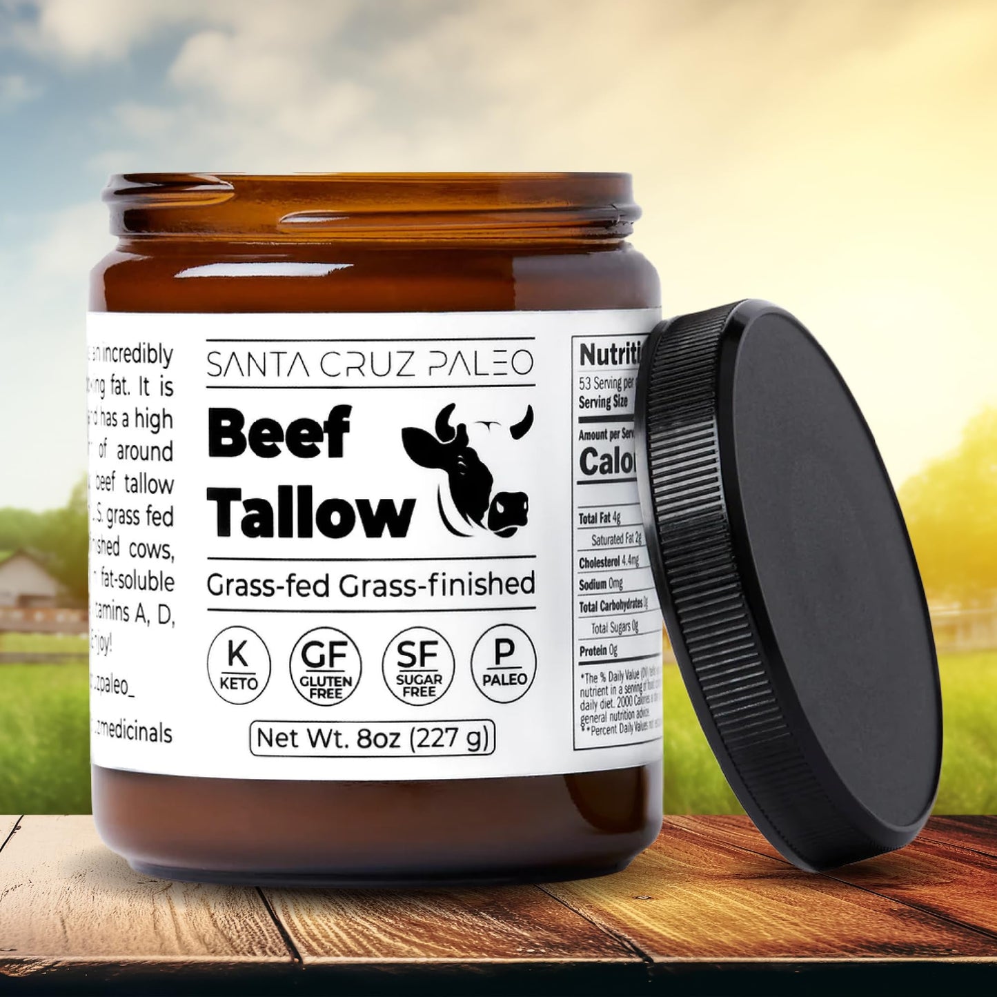 Santa Cruz Paleo Beef Tallow, 100% Grass Fed and Grass Finished, Gluten Free, Keto, Sugar Free, Paleo, With Bioavailable Vitamins B1, A, D E, and K, and Fatty Acids, 8 Oz Jar