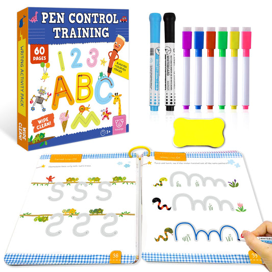 Preschool Learning Activities 60 Reusable Pages, Tracing Letter Number Handwriting Practice Book for Kids, Montessori Autism Educational Fine Motor Toddler Learning Toys for 3 4 5 Year Olds