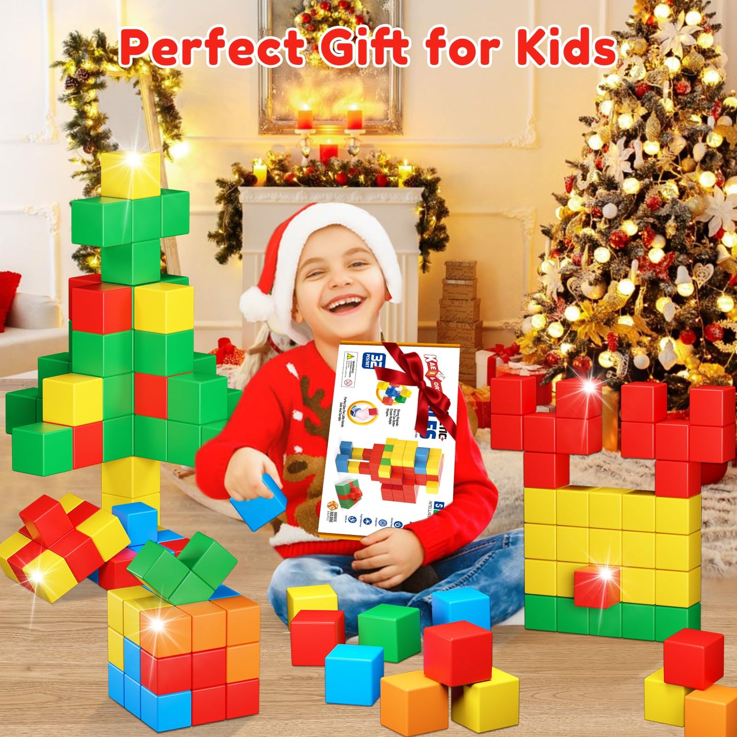 Magnetic Blocks,32PCS Magnetic Building Blocks for Toddlers Age 3-5 Magnet Cubes Toys STEM Educational Sensory Montessori Toys 1-3 Christmas Birthday Gifts for Kids Ages 3 4 5 6 Year Old Boys Girls