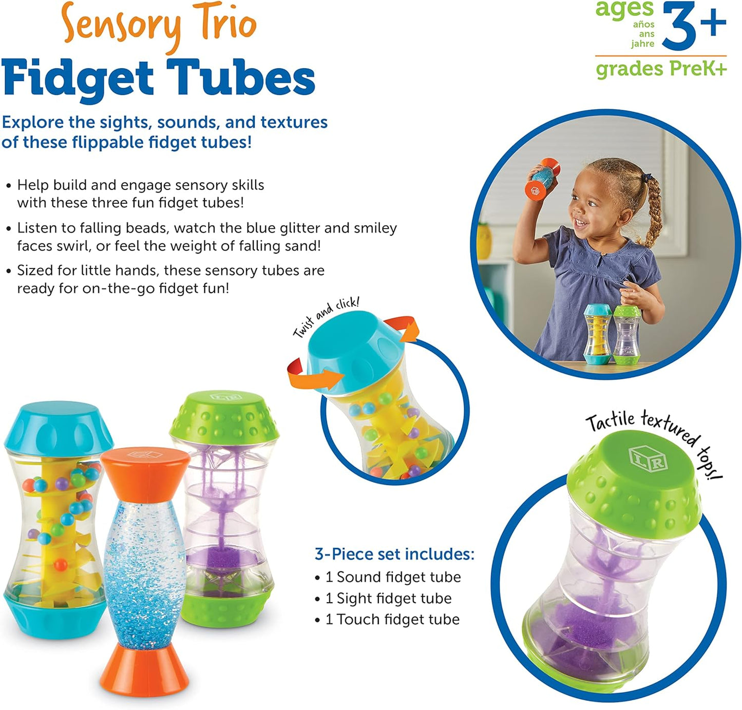 Learning Resources Sensory Trio Fidget Tubes, 3 Pieces, Ages 3+, fine Motor Skills, Sensory Toys for Toddlers,Children, Speech Therapy Materials, Fidget Toys, Sensory Tubes