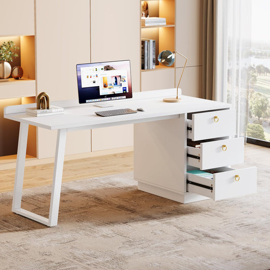 Tribesigns White Computer Desk with Drawers: 55 Inches Modern Home Office Desk with Storage, Small Wood Study Writing Work Table Workstation for Bedroom, White and Gold