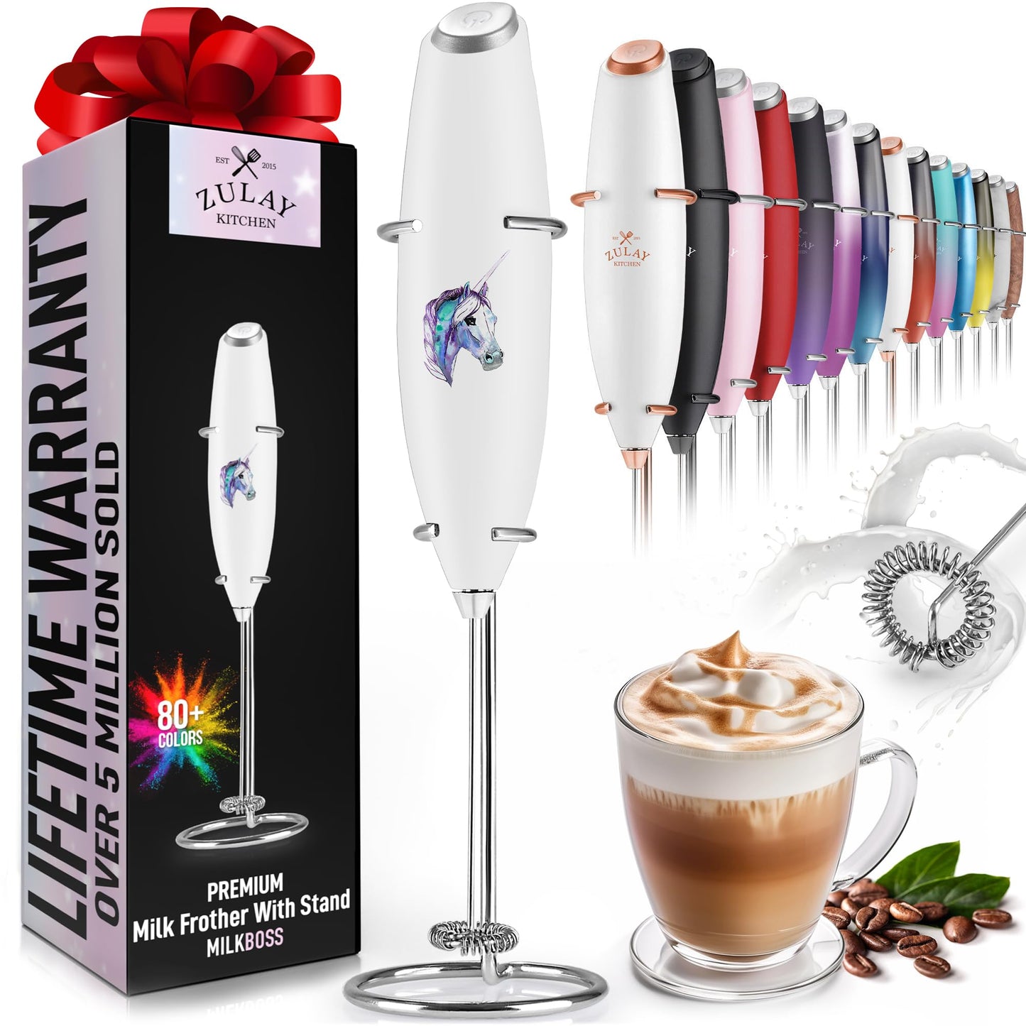 Zulay Powerful Milk Frother (4 Duracell Batteries Included) - Handheld Milk Frother Wand Drink Mixer for Coffee - Powerful Milk Foamer for Cappuccino, Frappe, Matcha & Coffee Creamer - Black