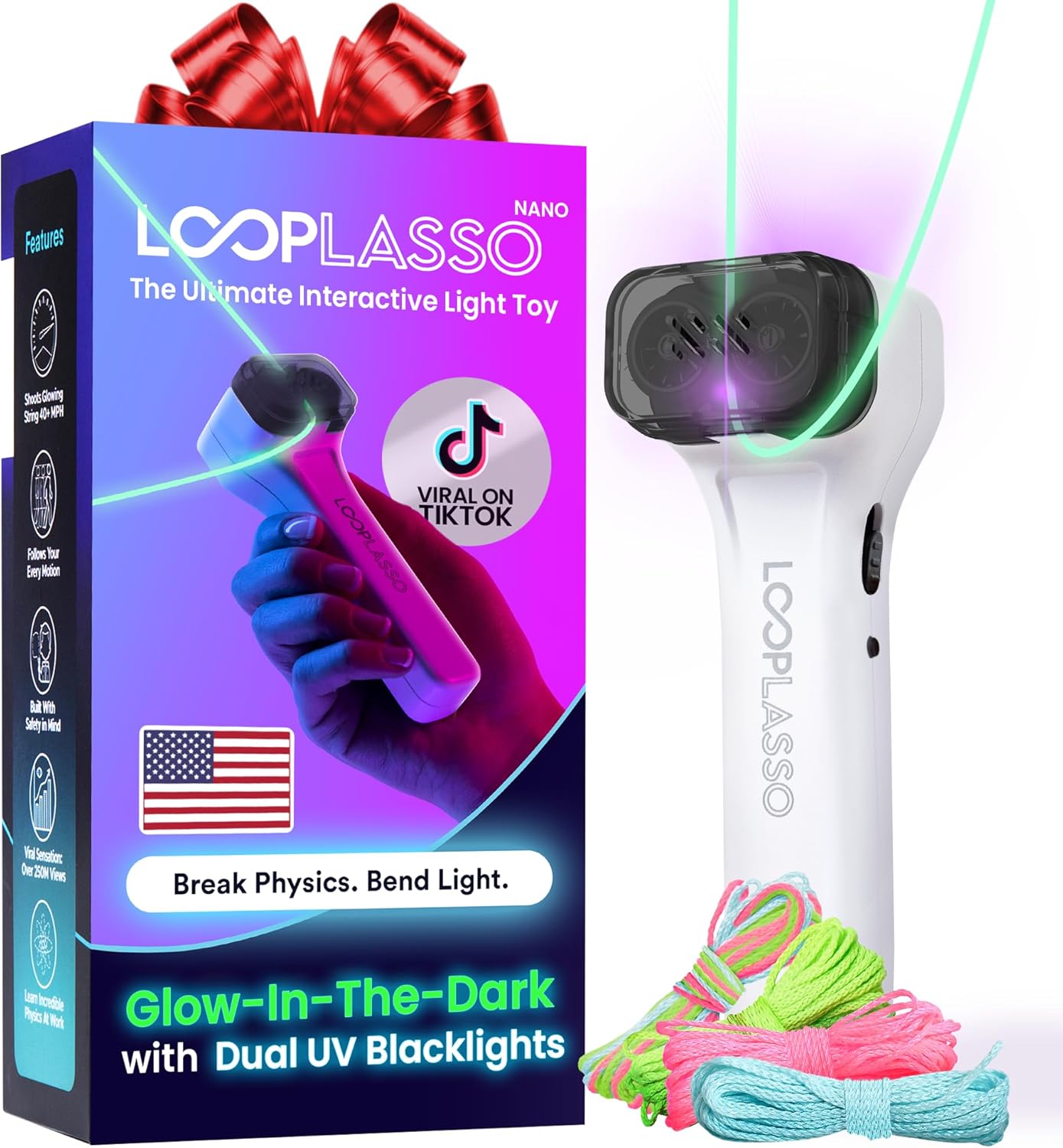 Loop Lasso® Nano - The Original Glow-in-The-Dark String Shooter Toy - Built-in UV Blacklight - Safe Interactive STEM Learning Toy - Viral Stocking Stuffer Gadget - Holiday Family Game Night Fun