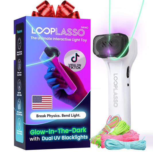 Loop Lasso® Nano - The Original Glow-in-The-Dark String Shooter Toy - Built-in UV Blacklight - Safe Interactive STEM Learning Toy - Viral Stocking Stuffer Gadget - Holiday Family Game Night Fun