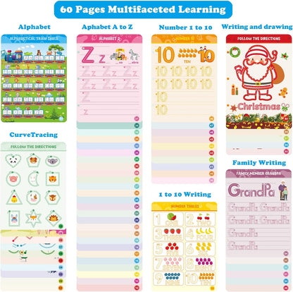 60 Pages Preschool Learning Activities Handwriting Practice Book for Kids, Educational Montessori Toys for 3 4 5 6 Year Old Kindergarten Learning Game Autism Materials Busy Book for Toddlers